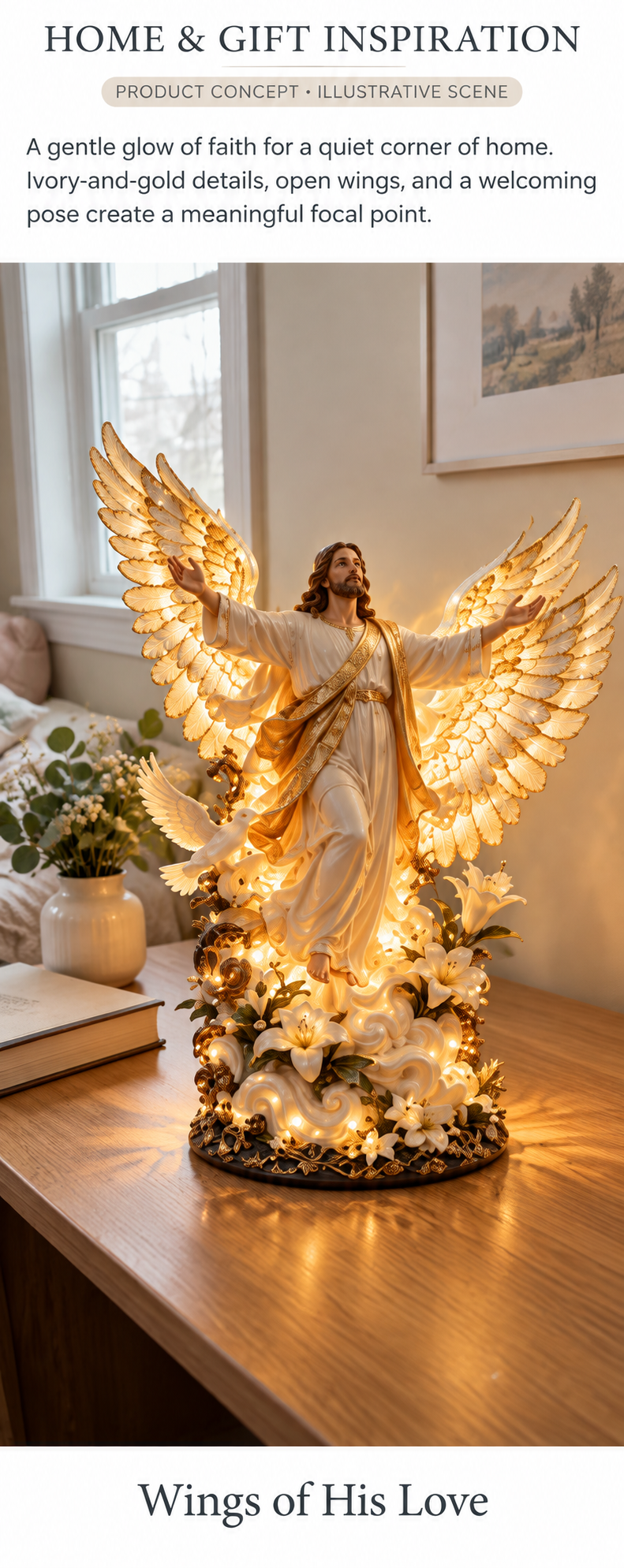 Illustrative home scene with the illuminated Jesus sculpture beside a window