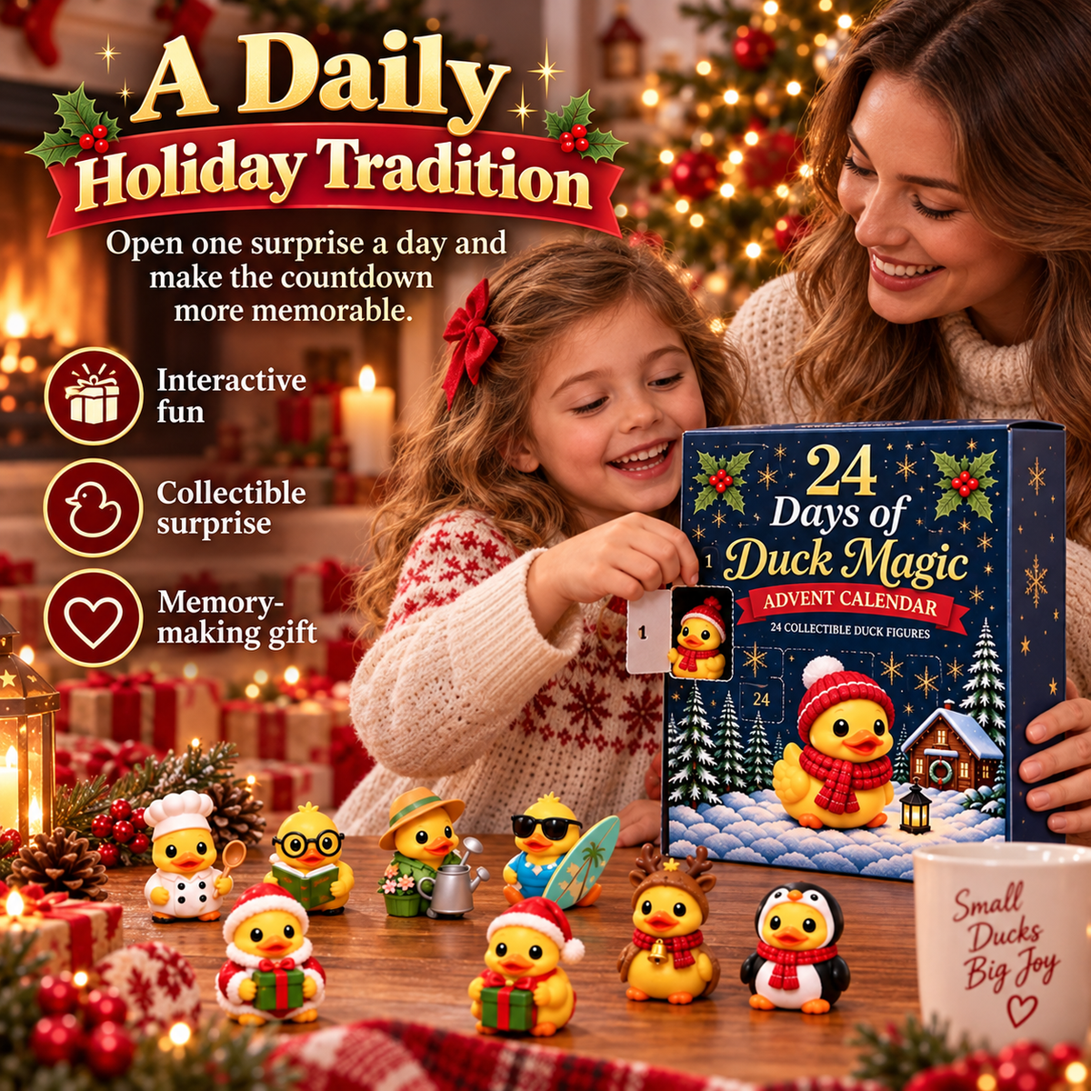 Family opening a duck surprise in their Christmas Advent Calendar