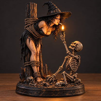 Witch & Skeleton Candle Scene Figurine – Dark Gothic Halloween Tabletop Decor⏳