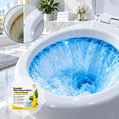 Blue cleaning water swirling inside a white toilet bowl