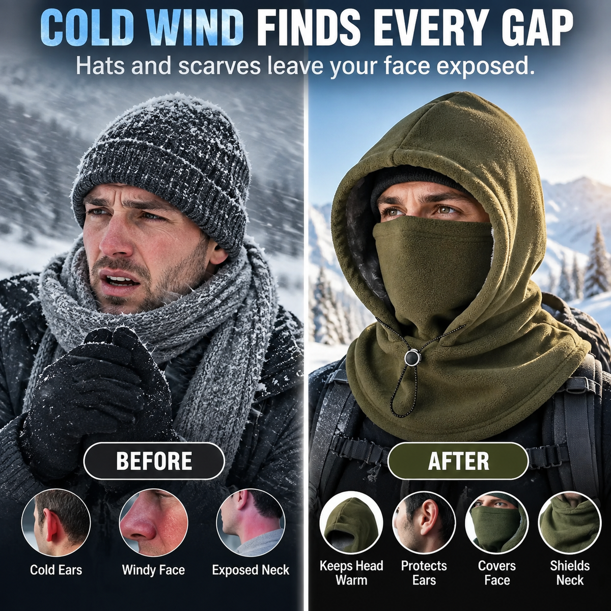 🥶 Fleece Balaclava Hood – 3-in-1 Winter Face Mask Hat For Skiing, Cycling & Outdoor Adventures