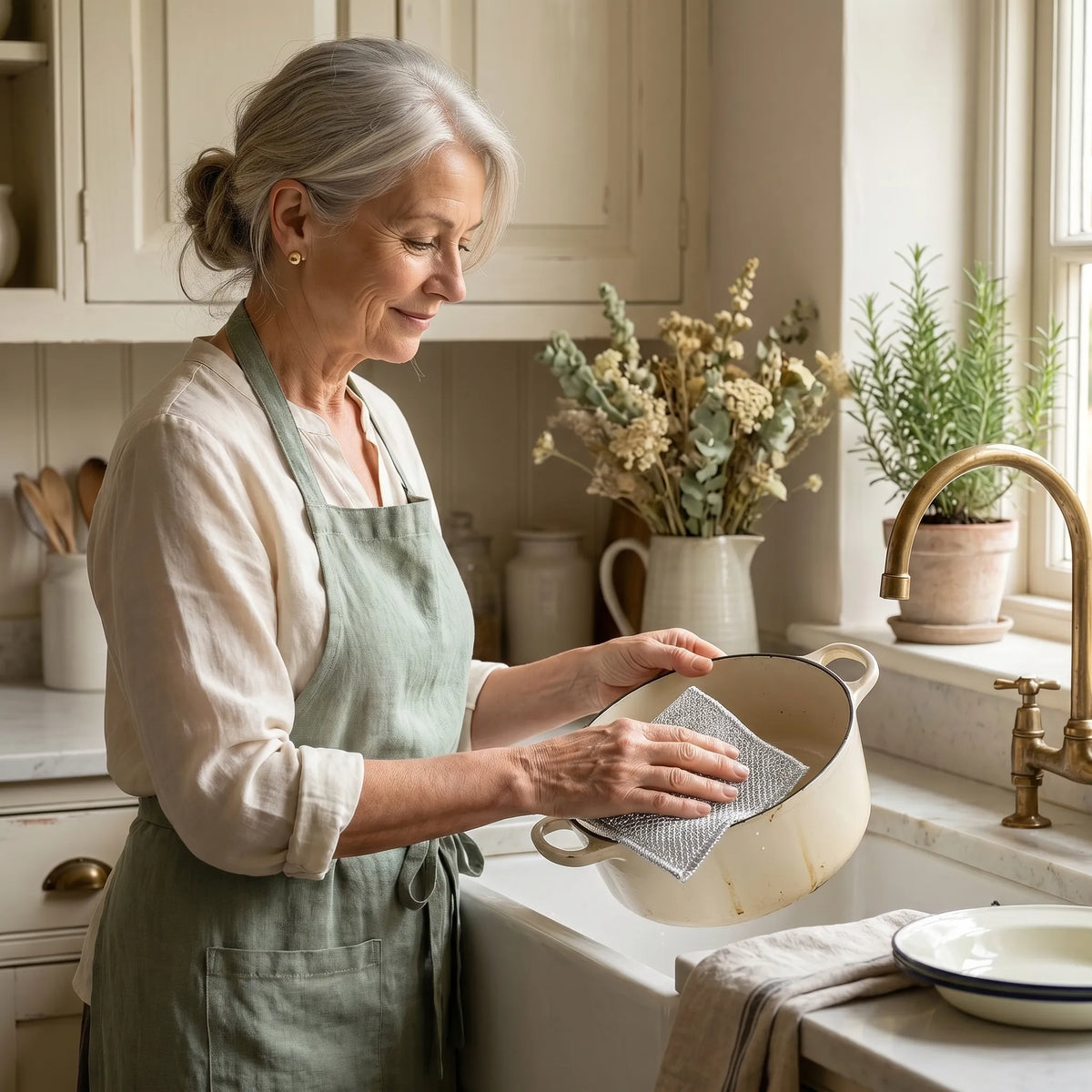 Woman using Solara LuxScrub in the kitchen