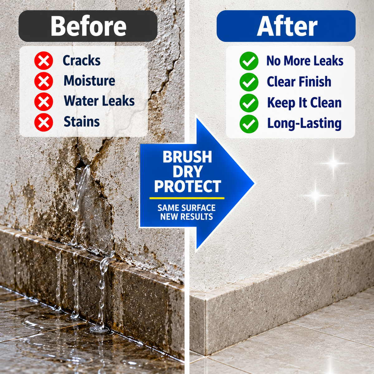 Before and after small leak repair