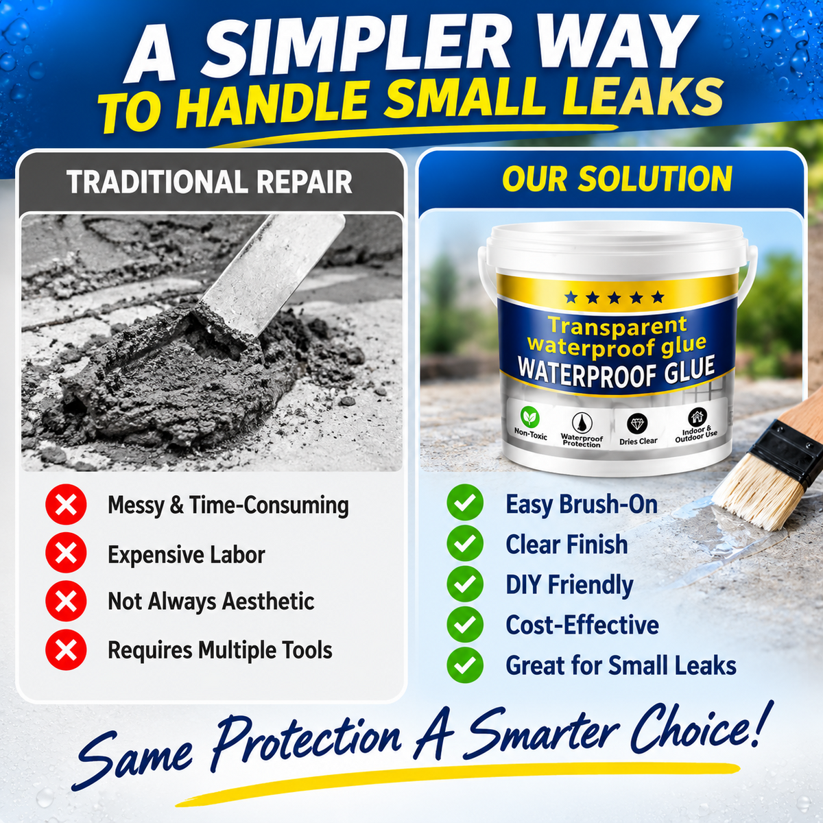 Comparison between traditional repair and brush-on waterproof coating