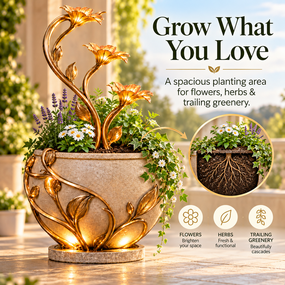 🌺 Golden Lily Cascade Planter ✨– 3-in-1 Lighted Waterfall Flower Pot
