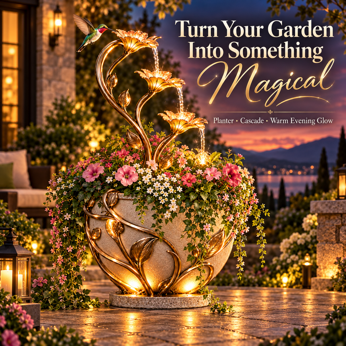 🌺 Golden Lily Cascade Planter ✨– 3-in-1 Lighted Waterfall Flower Pot