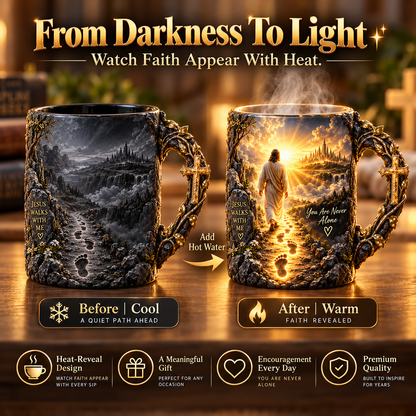 ✝️ Jesus Walks With Me™ – Heat-Reveal Faith Mug | You Are Never Alone