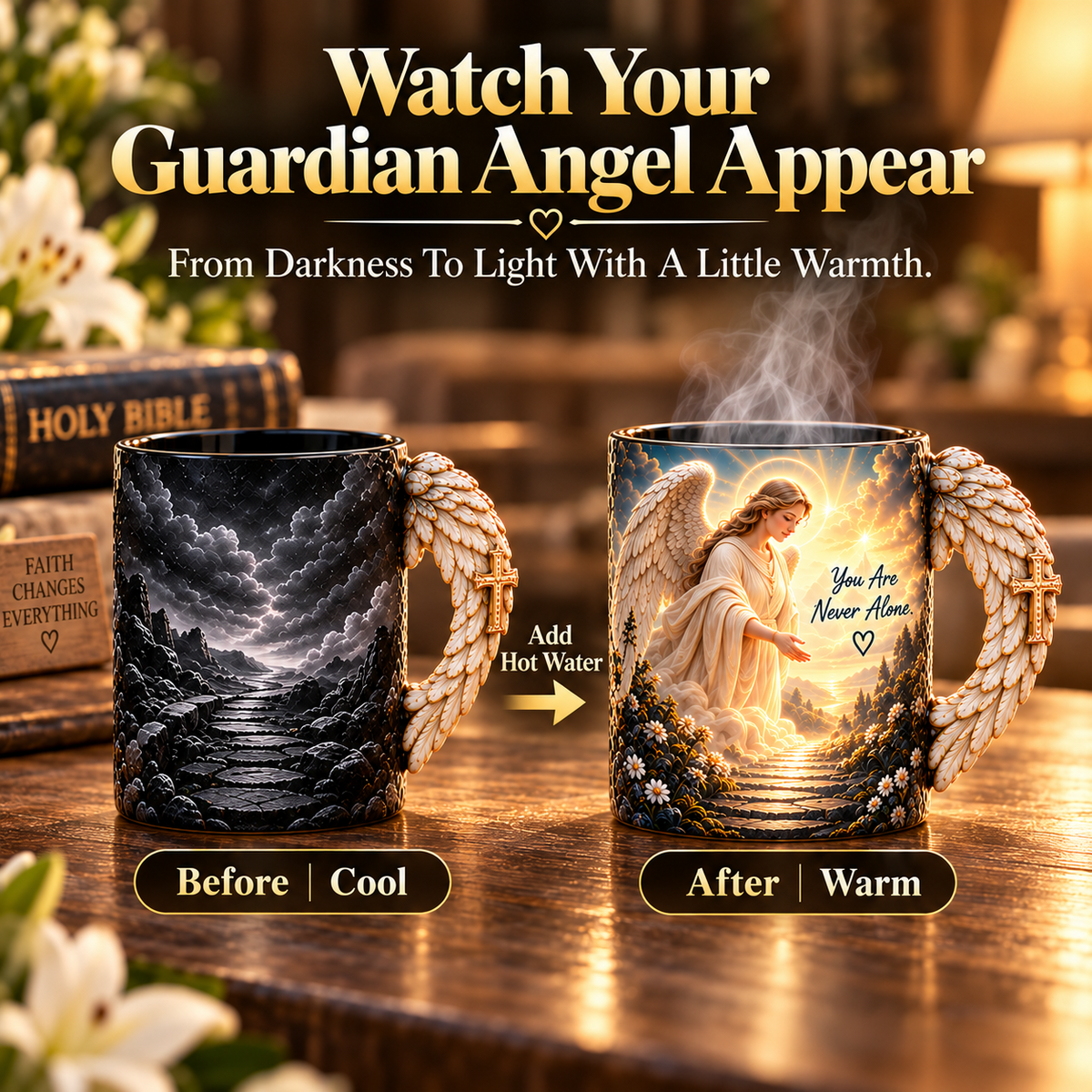 Guardian angel mug before and after adding hot water