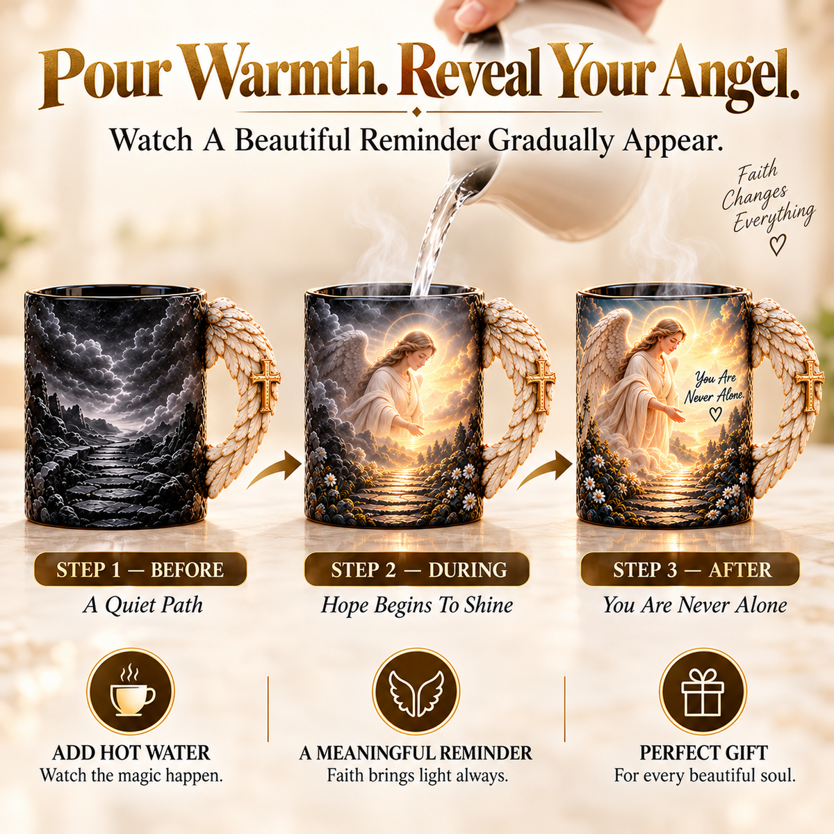 Three stages of guardian angel heat-reveal artwork