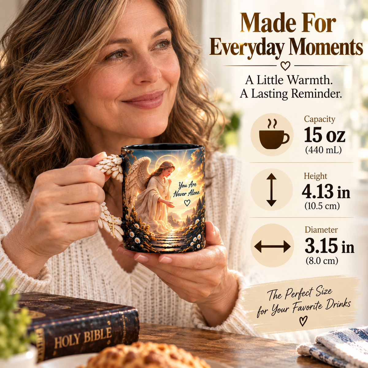 Woman holding angel mug with size information