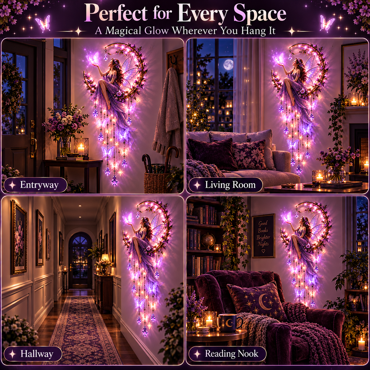 🦋 Enchanted Butterfly Moon™🌙 – Magical Fairy Starfall Wall Light with Cascading Crystal Glow🍀