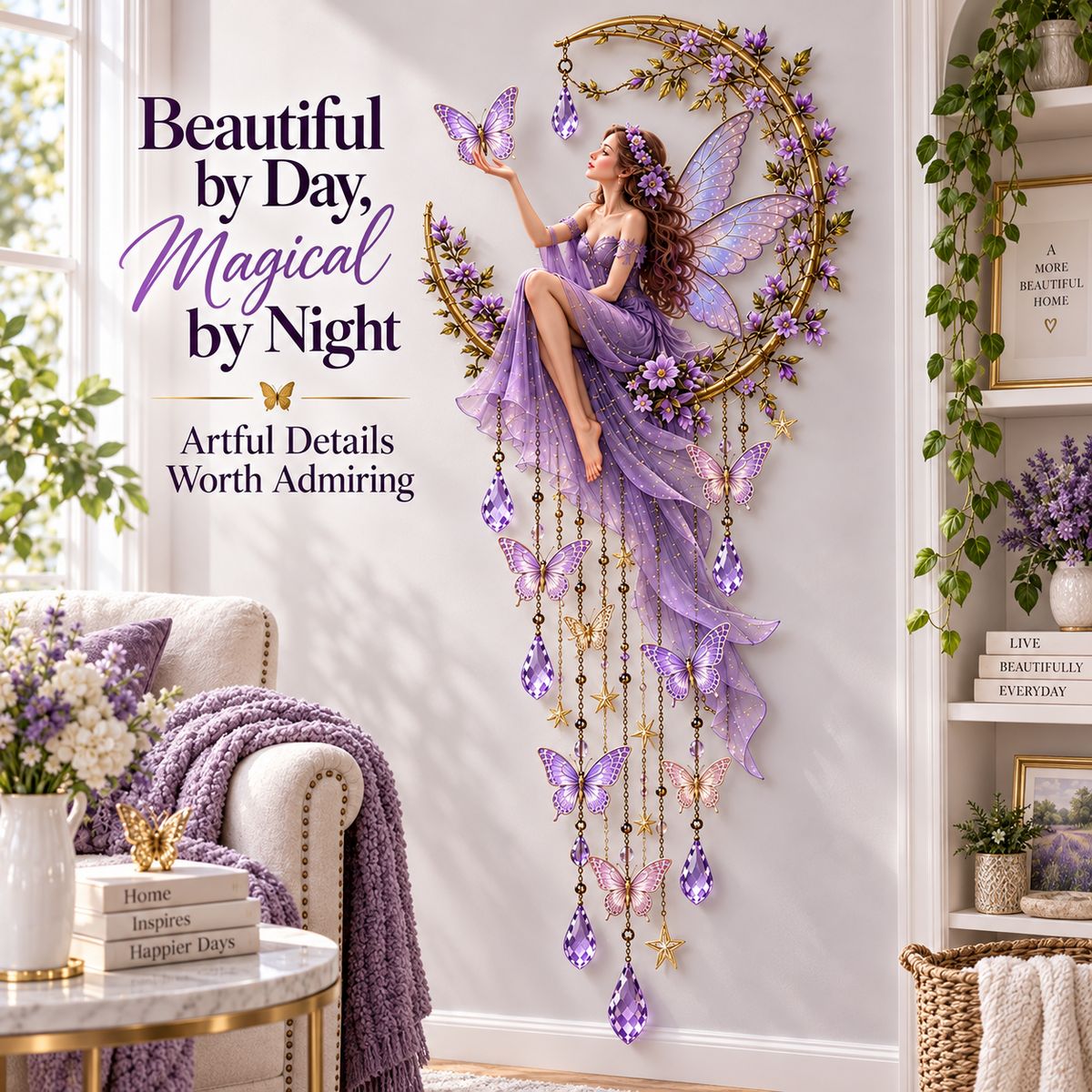 🦋 Enchanted Butterfly Moon™🌙 – Magical Fairy Starfall Wall Light with Cascading Crystal Glow🍀