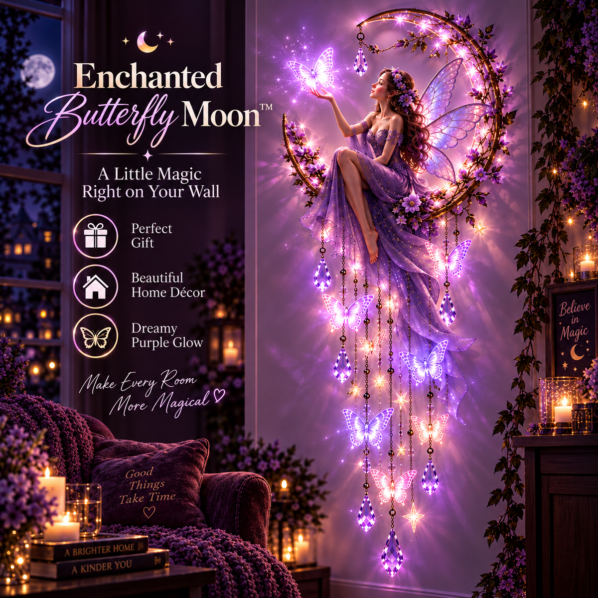 🦋 Enchanted Butterfly Moon™🌙 – Magical Fairy Starfall Wall Light with Cascading Crystal Glow🍀