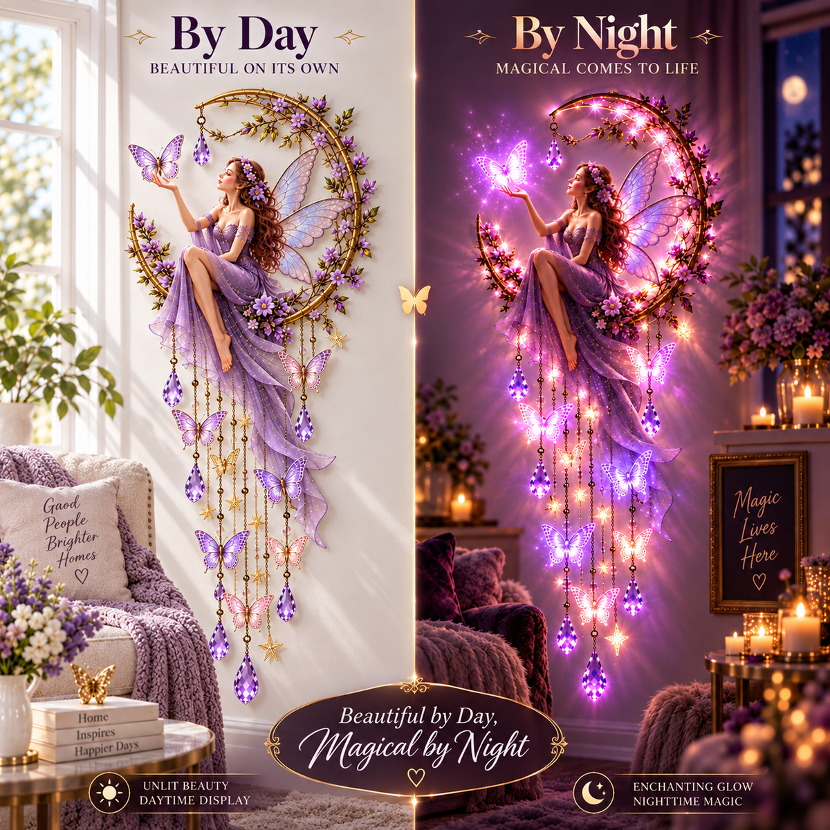 🦋 Enchanted Butterfly Moon™🌙 – Magical Fairy Starfall Wall Light with Cascading Crystal Glow🍀