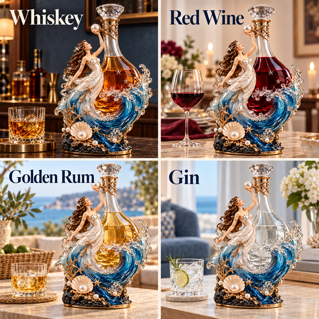 Ocean Goddess decanter styled with whiskey, red wine, golden rum and gin in four coordinated home settings