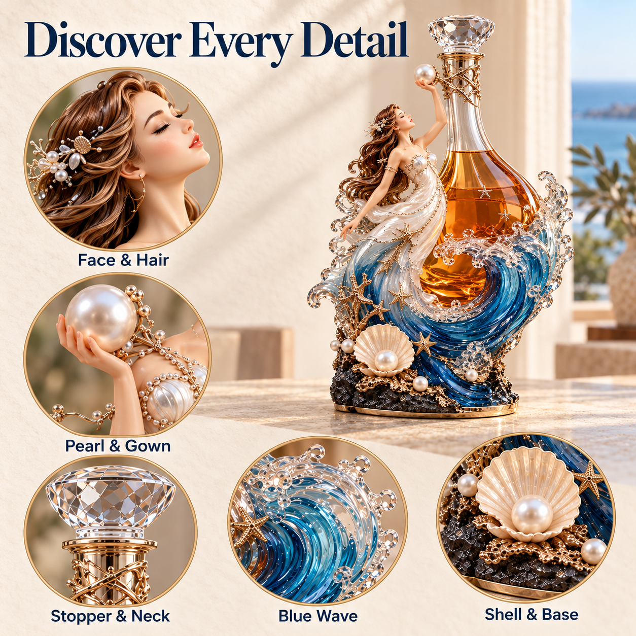Five enlarged views of the goddess figure, pearl, gown, faceted stopper, blue wave and shell base
