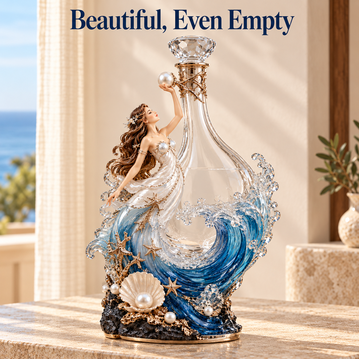 Empty Ocean Goddess decanter showing the clear bottle, pearl-white gown and blue wave