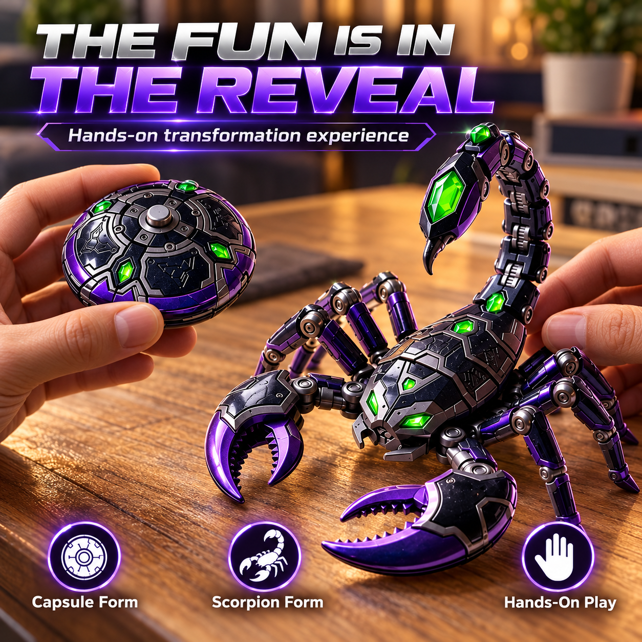 Scorpio collectible with compact and expanded form demonstration