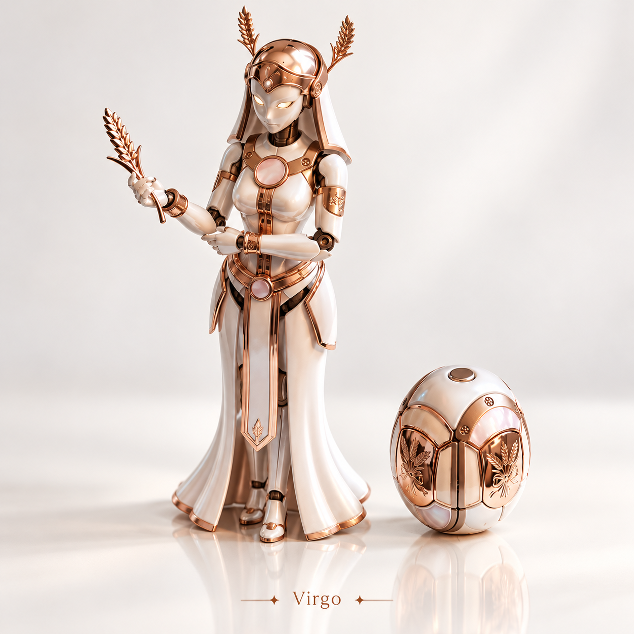 Virgo ivory and rose gold maiden robot with wheat details and compact egg