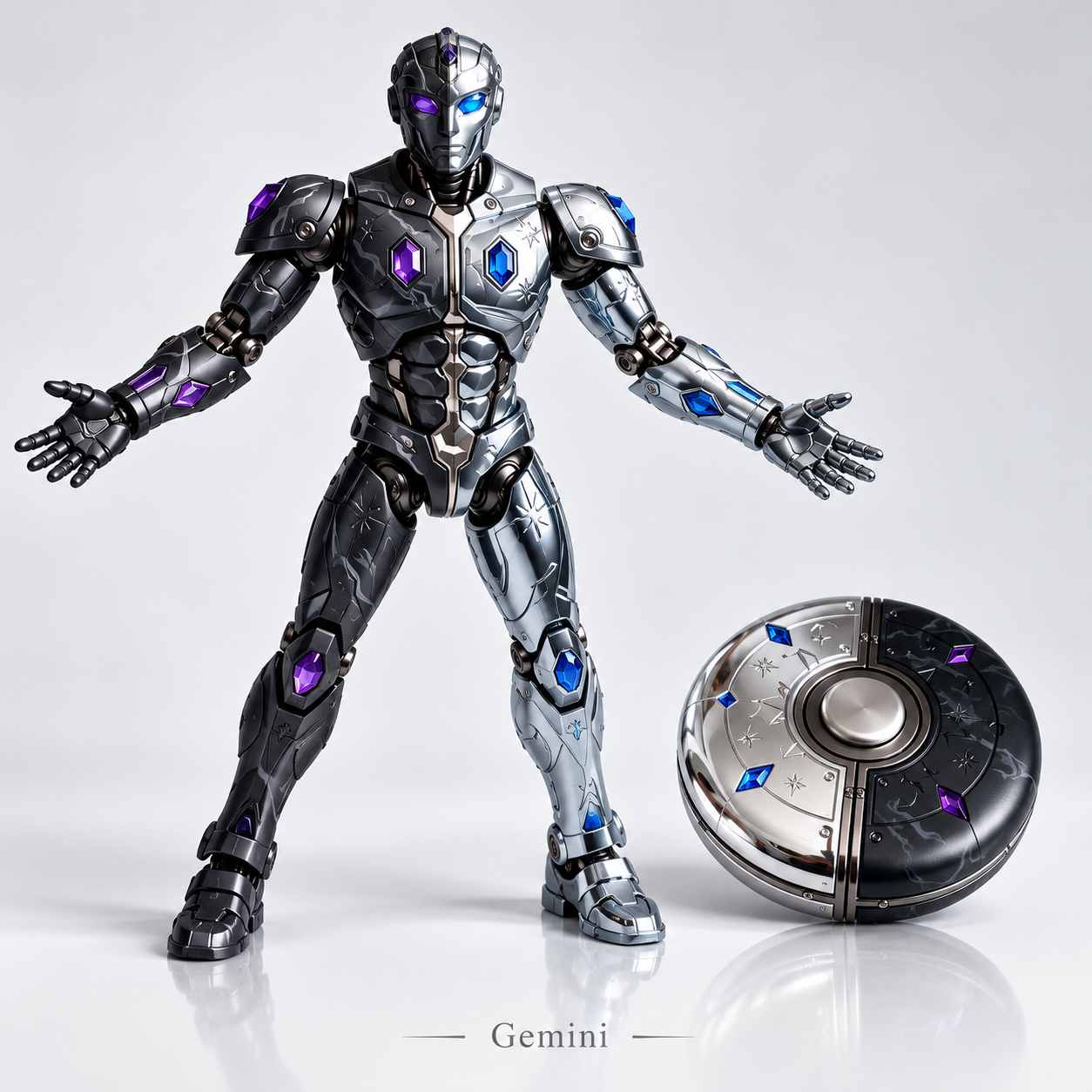 Gemini two-tone silver and black robot with circular compact form