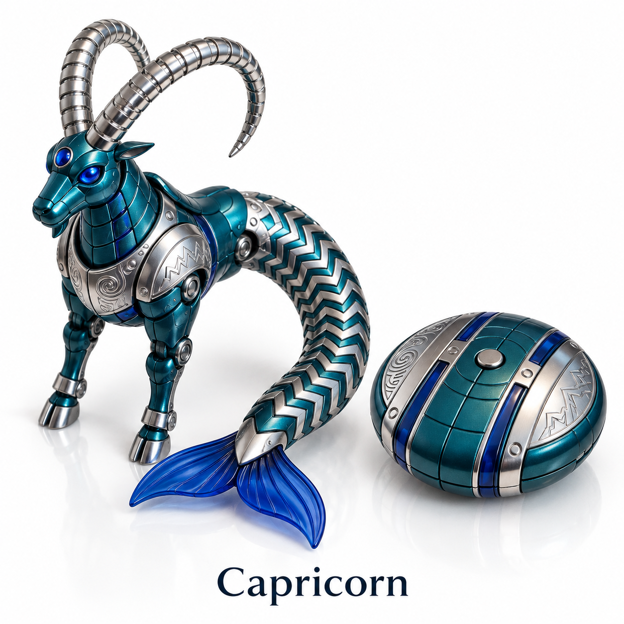 Capricorn teal mechanical sea goat with silver horns and blue fish tail