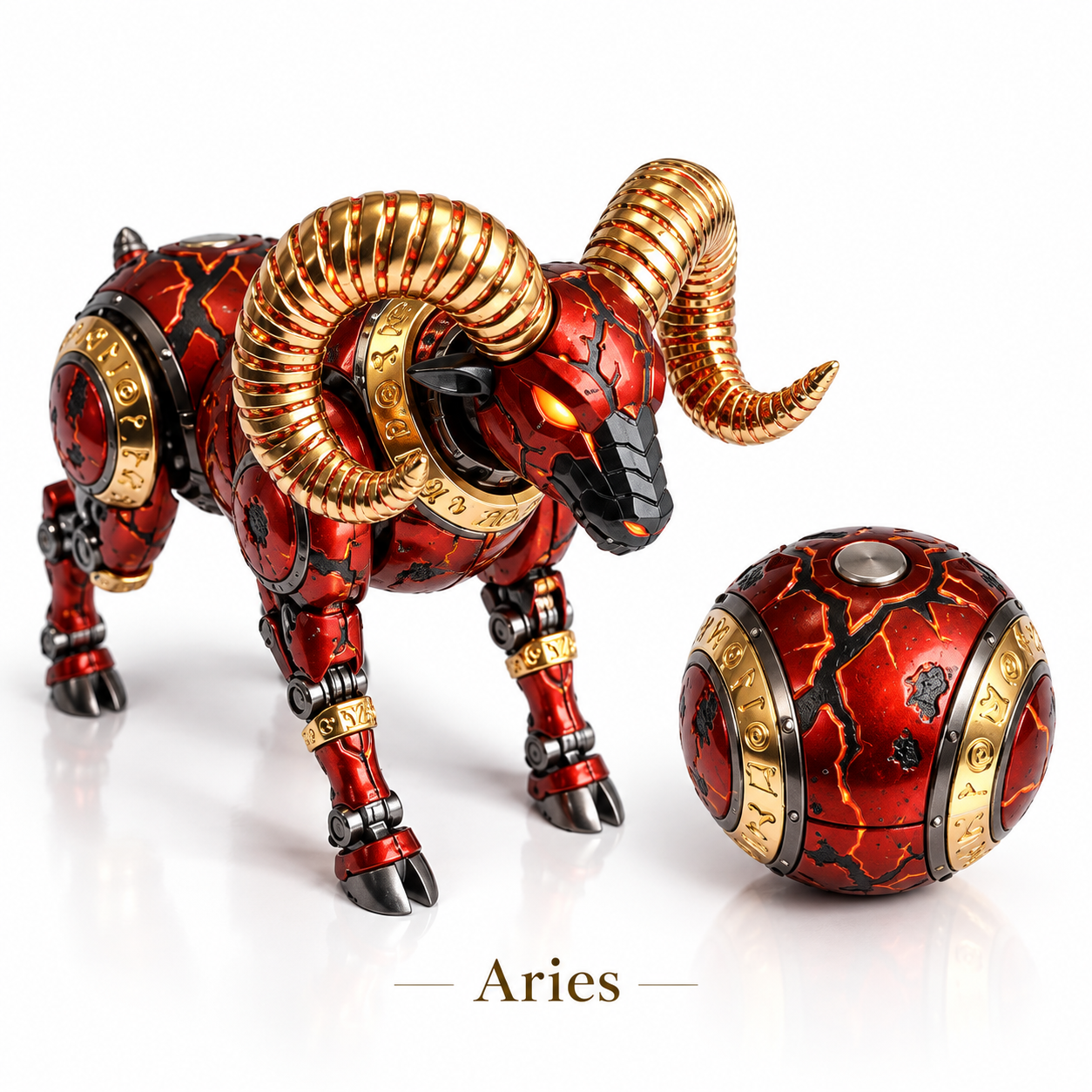 Aries red and gold mechanical ram with matching spherical compact form