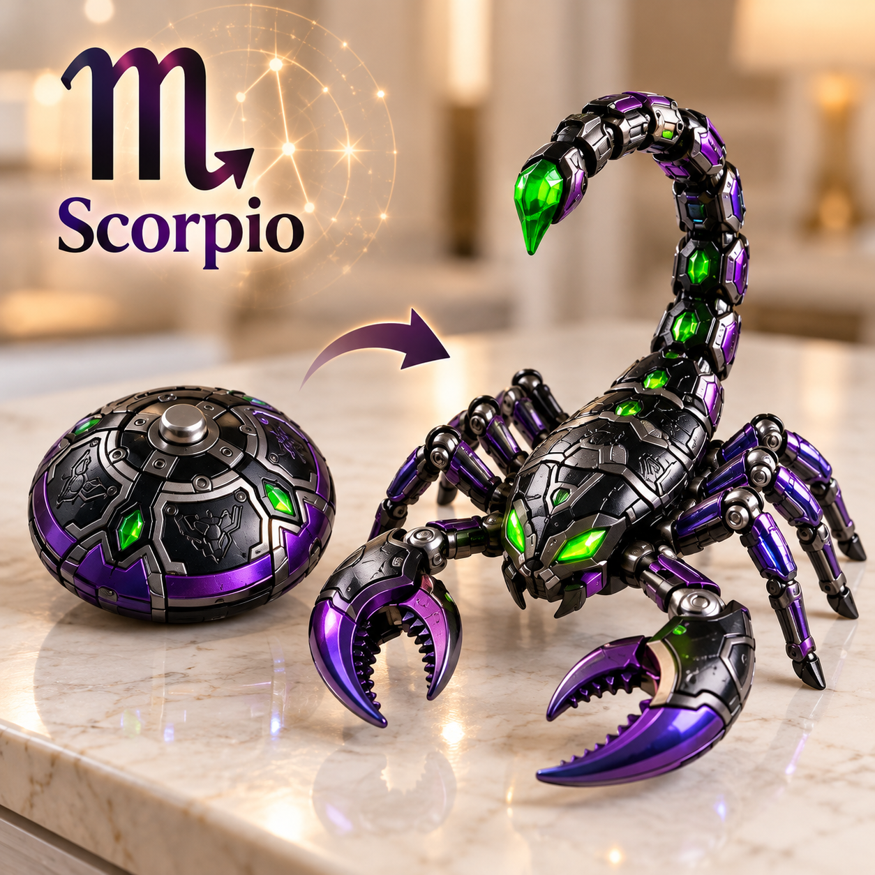 Scorpio black and purple mechanical scorpion with green gem details