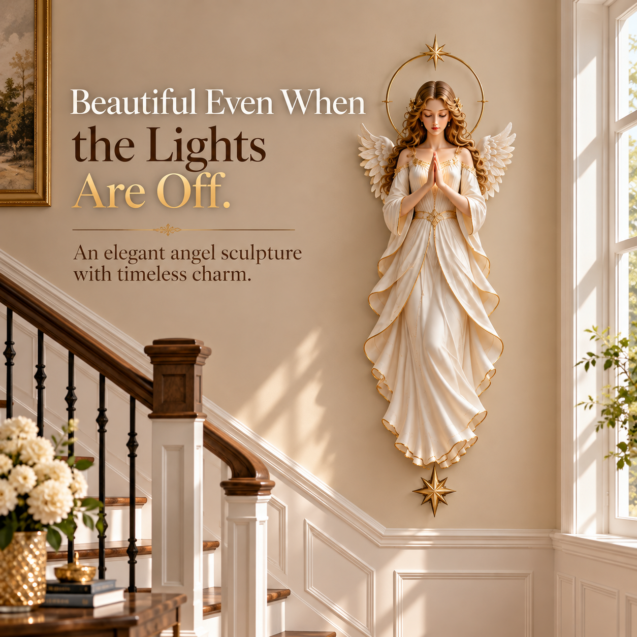 Angel of Hope ivory and gold wall sculpture in a sunlit staircase setting