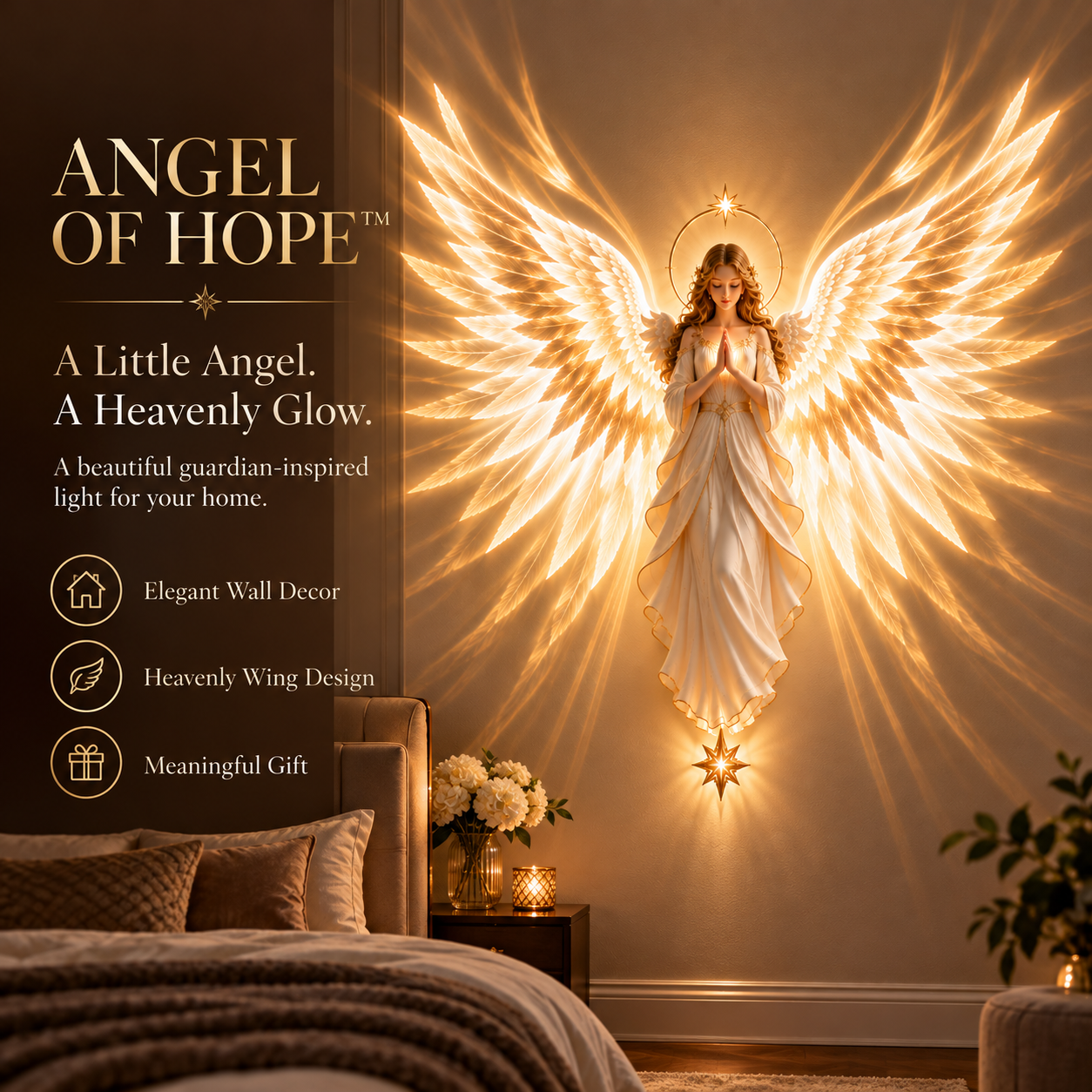 Angel of Hope wall light with wing-inspired glow in an elegant bedroom