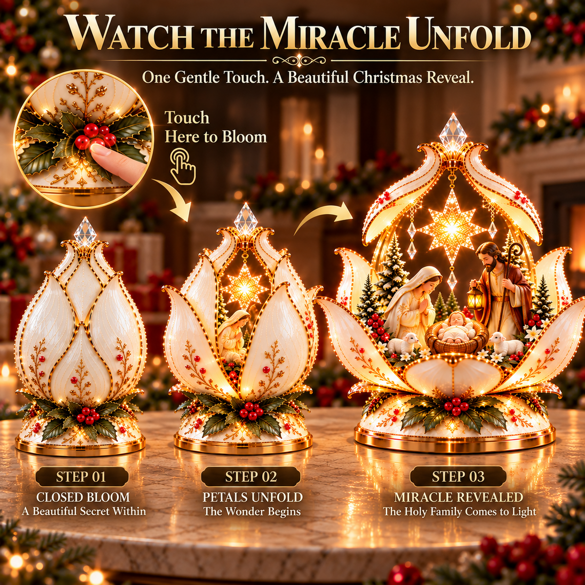 ✝️🌸 Christmas Miracle Bloom™ – Touch-to-Bloom Nativity Light