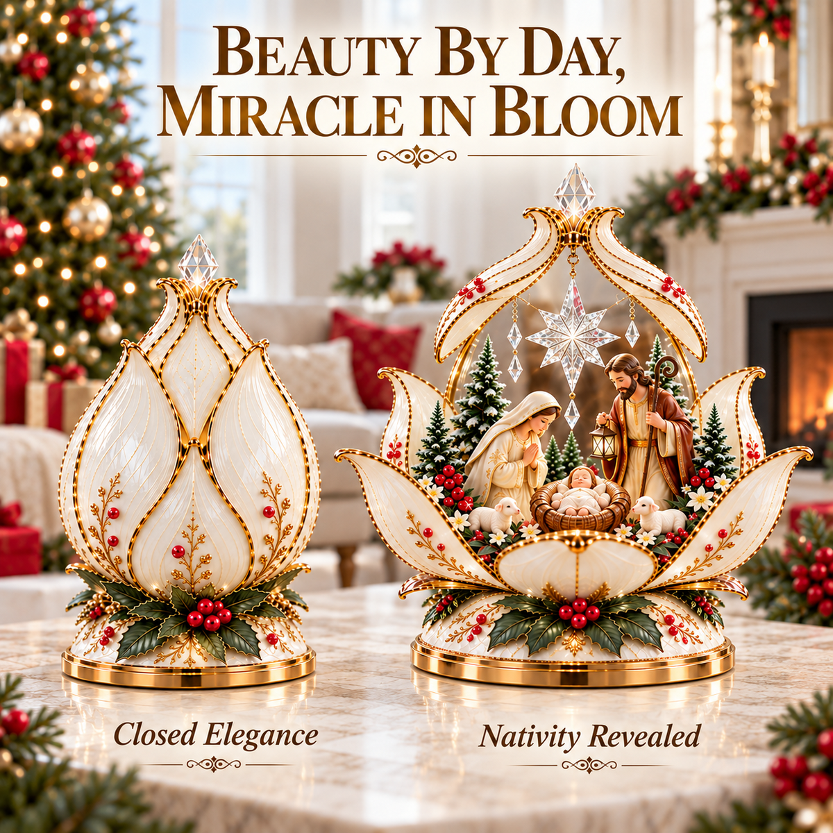 Christmas Miracle Bloom closed flower bud and fully opened Nativity scene by daylight