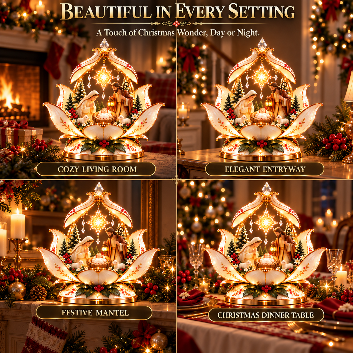 Christmas Miracle Bloom glowing in four elegant nighttime Christmas home settings