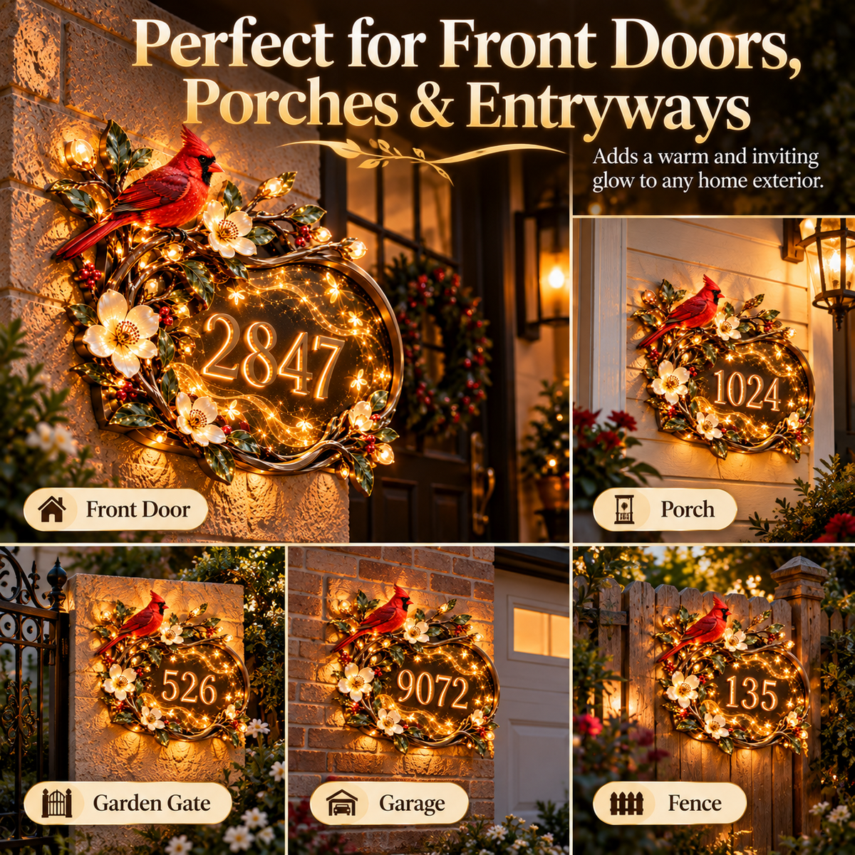 🐦✨ Cardinal Garden Glow™ – Personalized LED House Number Sign | Elegant Floral Wall Decor