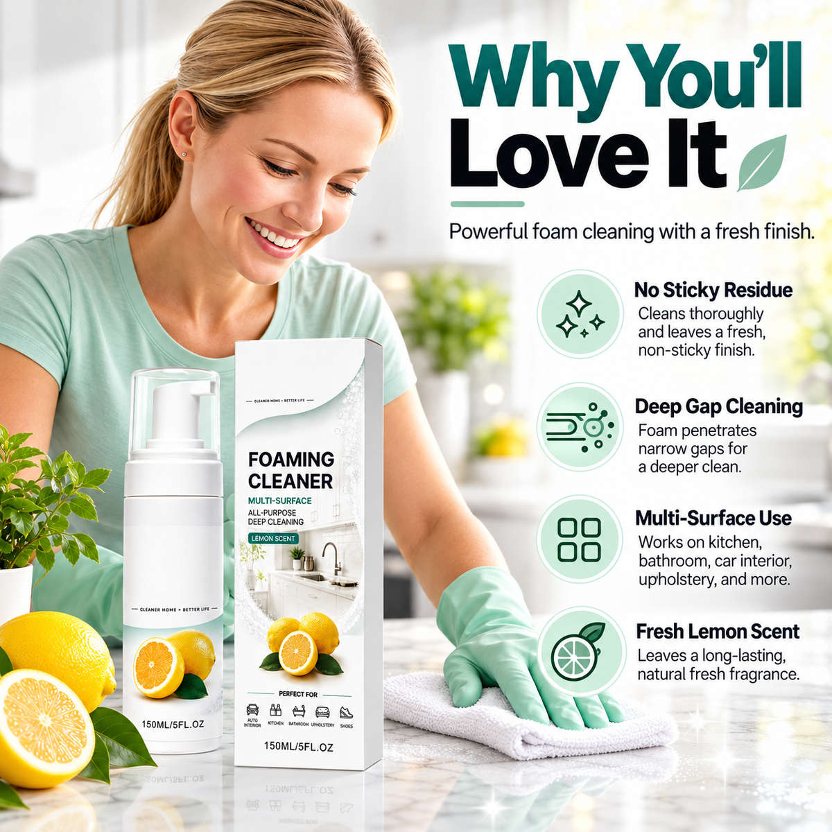 🍋 Multi-Surface Foaming Cleaner – Powerful Grease & Grime Remover | Fresh Lemon Scent