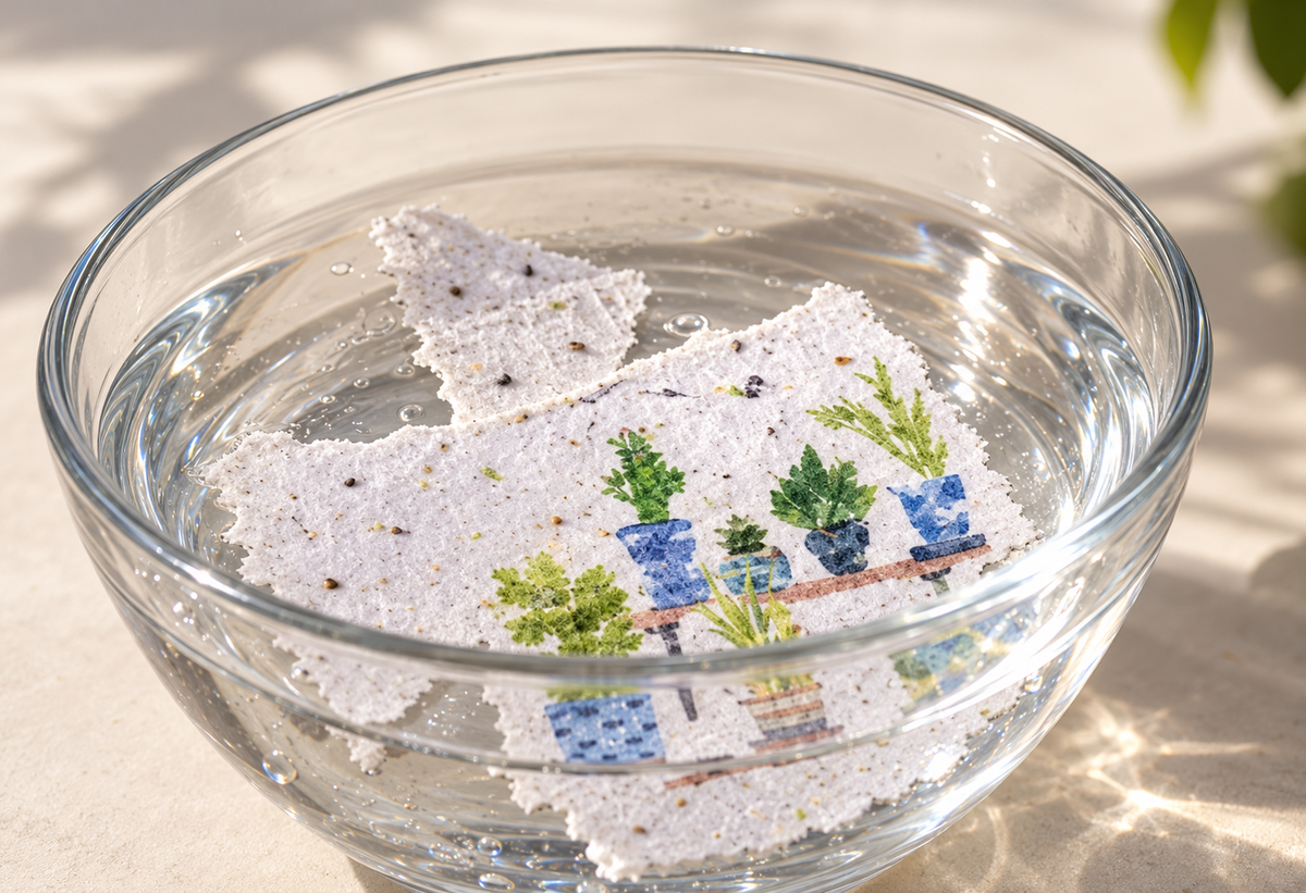 Seed paper soaking in a glass bowl of water