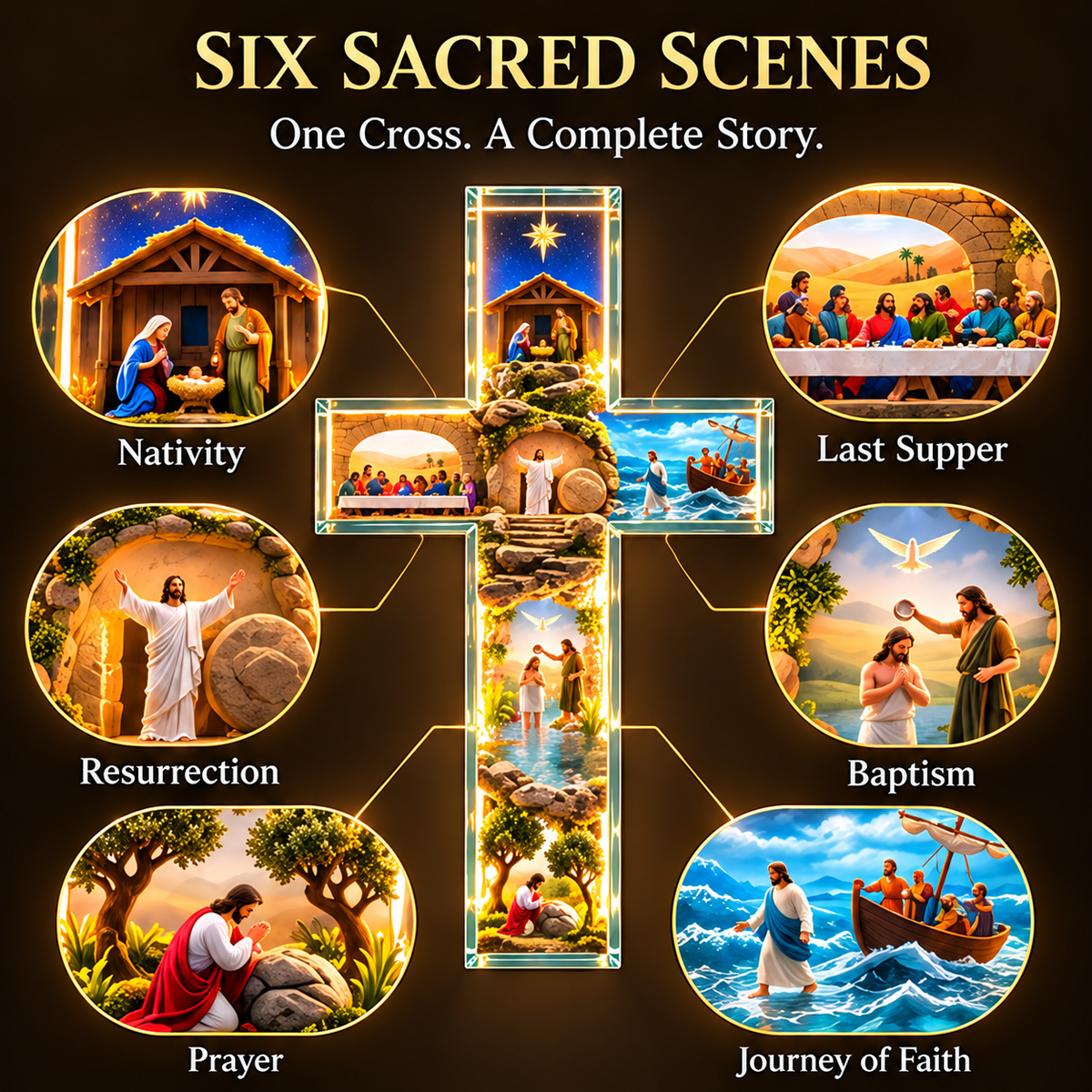 🙏✝️ The Story of Jesus LED Cross Lamp ✨ 6 Biblical Scenes & Meaningful Christian Gift❄️