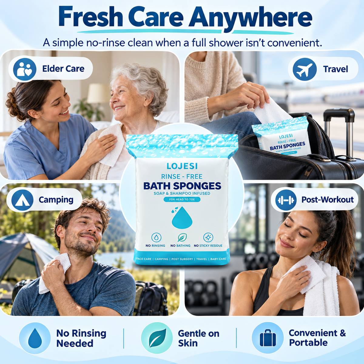LOJESI rinse-free bath sponges used during travel, camping, personal care and after workouts