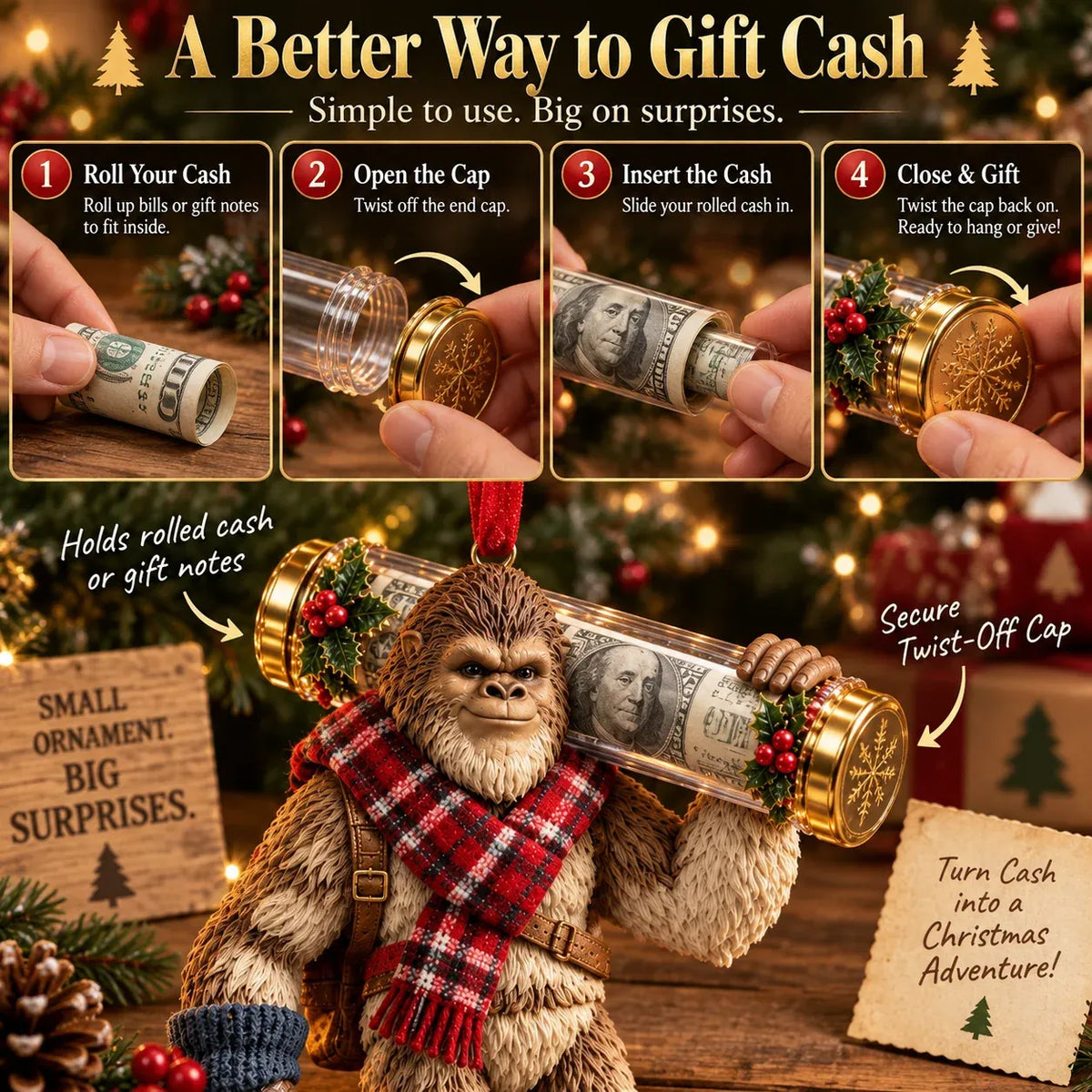 🎄👣 Bigfoot Cash Gift Ornament – 15 Holiday Styles
