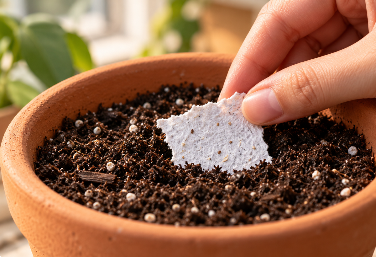 Planting damp seed paper in a terracotta pot