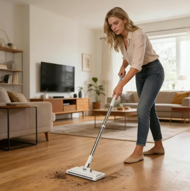Woman cleaning hardwood floor with one click lazy mop