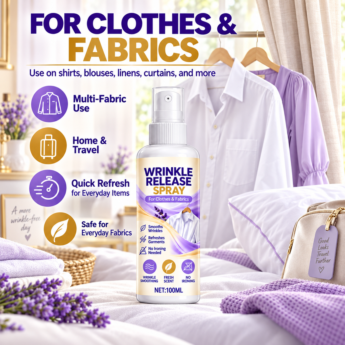 🔥 30% OFF | Wrinkle Release Spray 100ml – No Iron Needed! 👚✨🍀