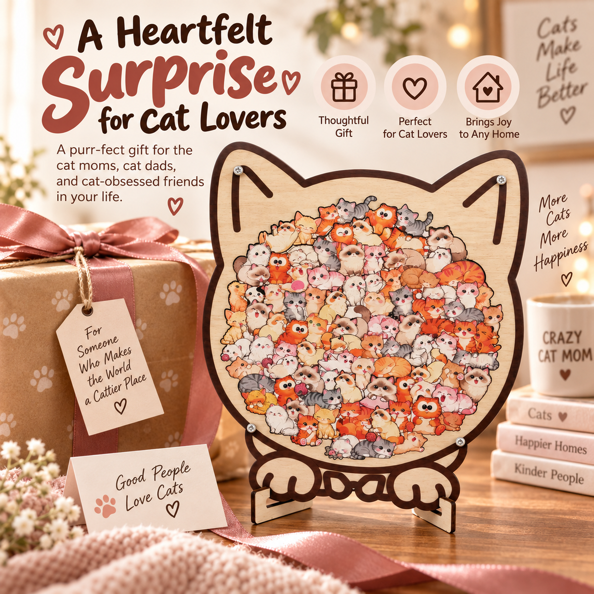 🎁135-Piece Morandi-Colored Cat Shaped Wooden Jigsaw Puzzle🍀