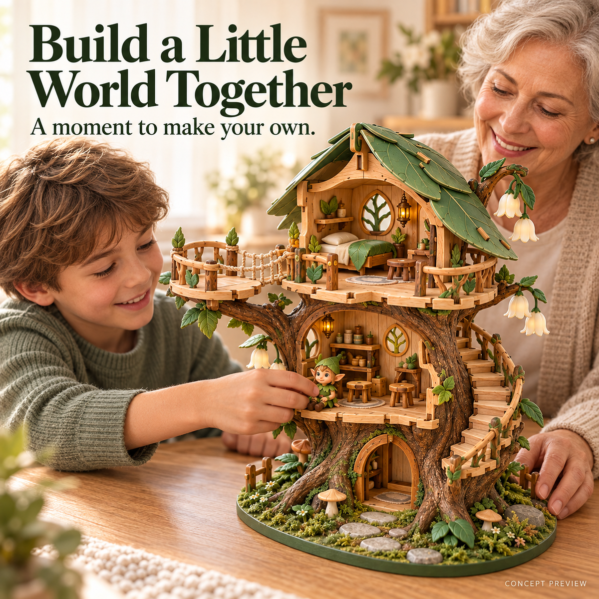 Concept lifestyle scene of a grandmother and grandchild exploring the miniature treehouse together