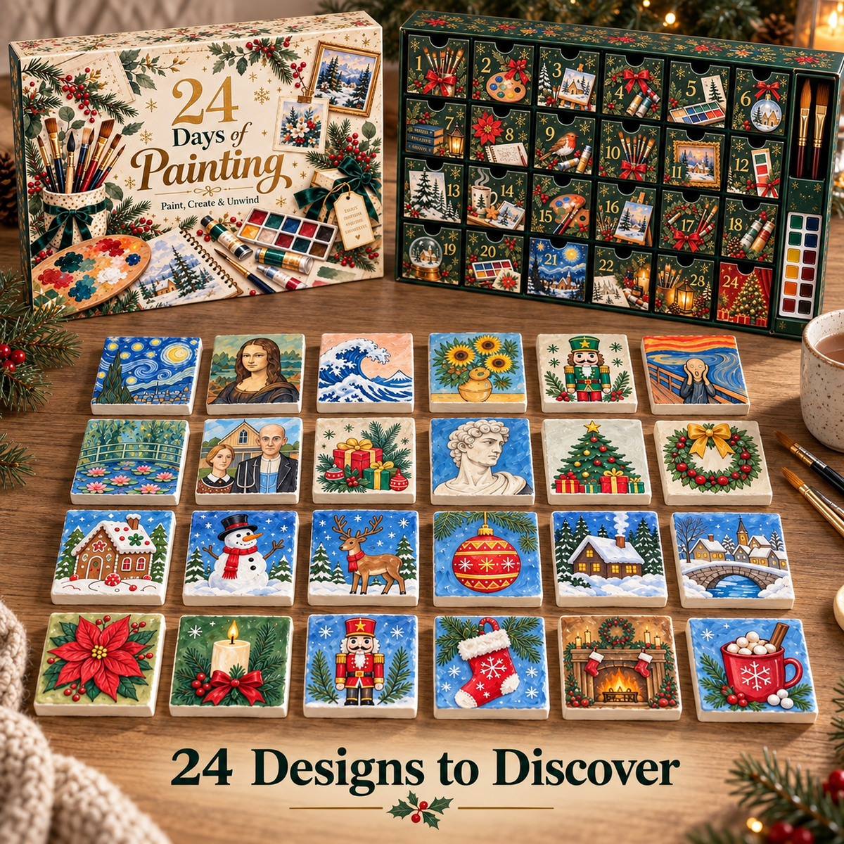 Overview of 24 Christmas and art-inspired miniature painting designs