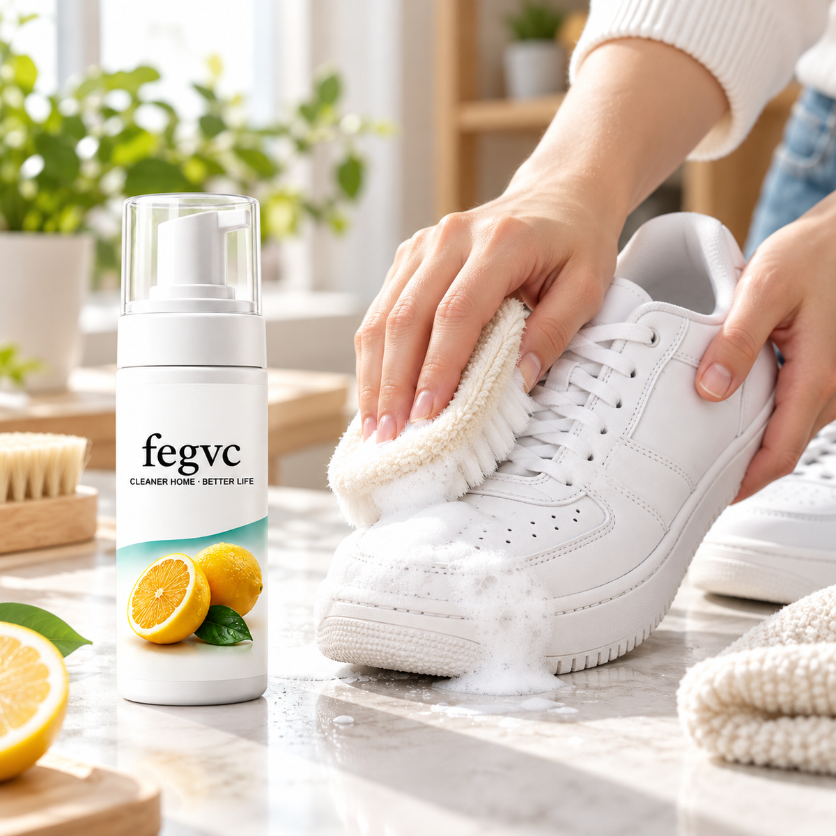 Person cleaning a white sneaker using foam beside fegvc bottle