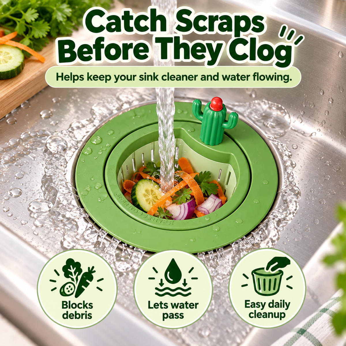 Cactus sink strainer catching scraps