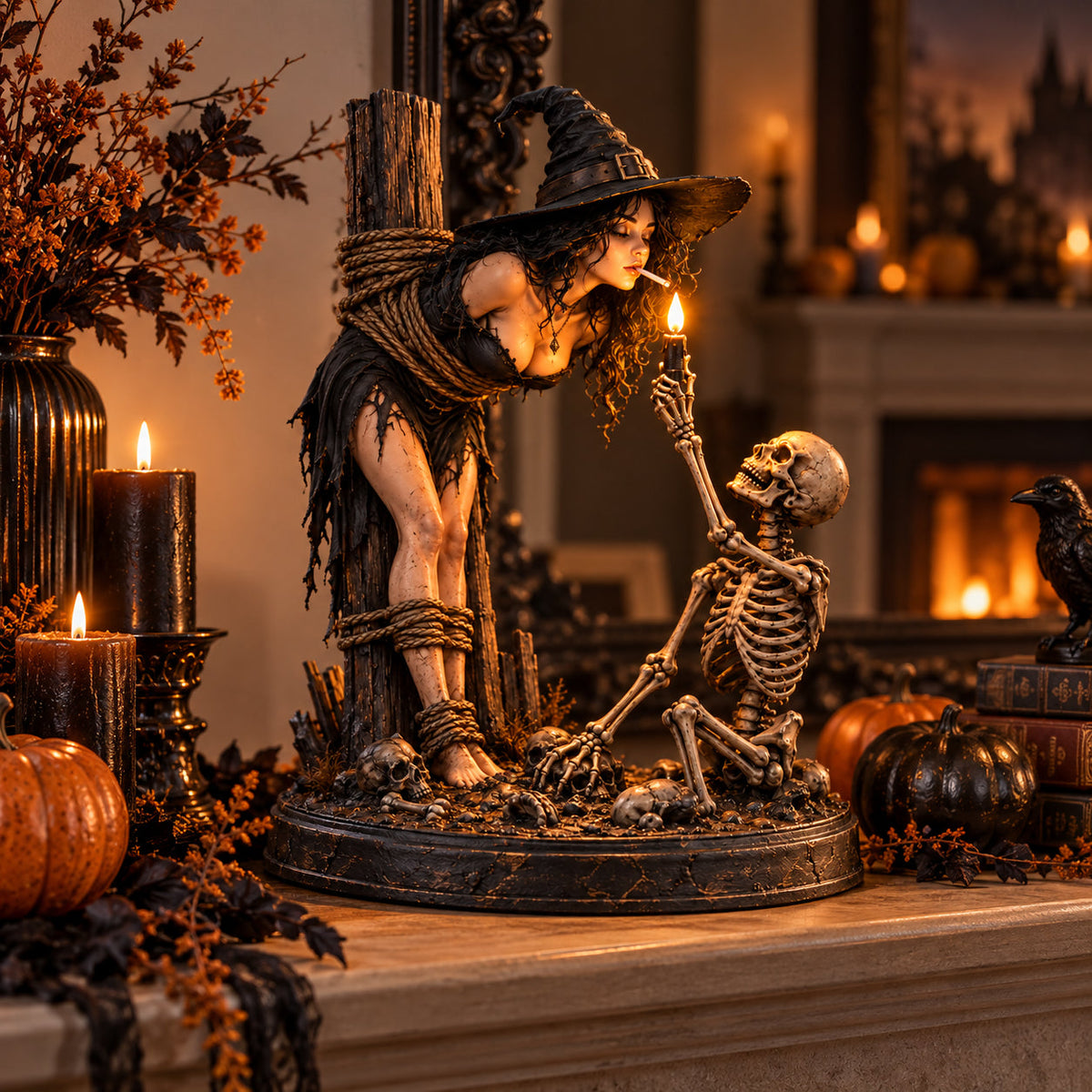 Witch & Skeleton Candle Scene Figurine – Dark Gothic Halloween Tabletop Decor⏳