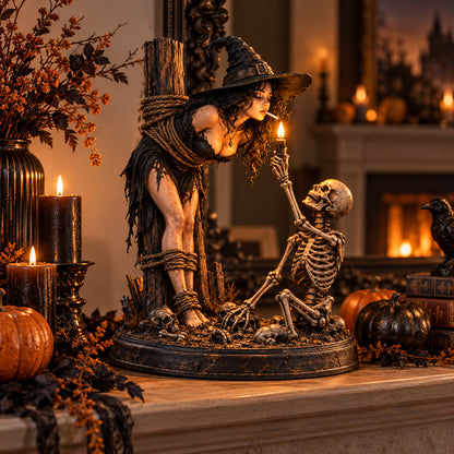Witch & Skeleton Candle Scene Figurine – Dark Gothic Halloween Tabletop Decor⏳