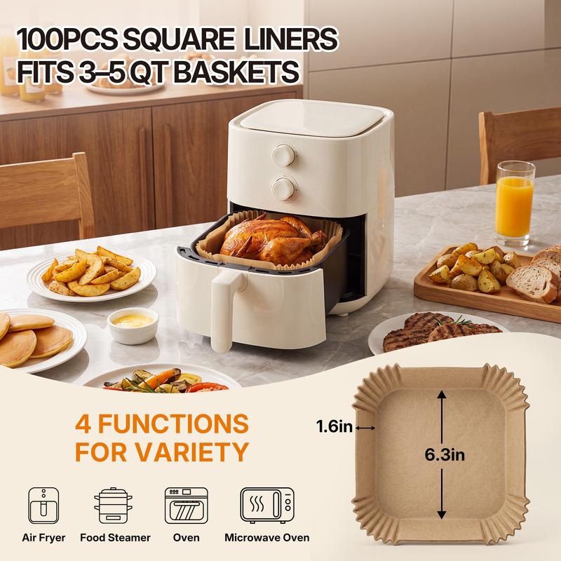 100 square liners with a 6.3 inch base and 1.6 inch sides; check actual basket fit