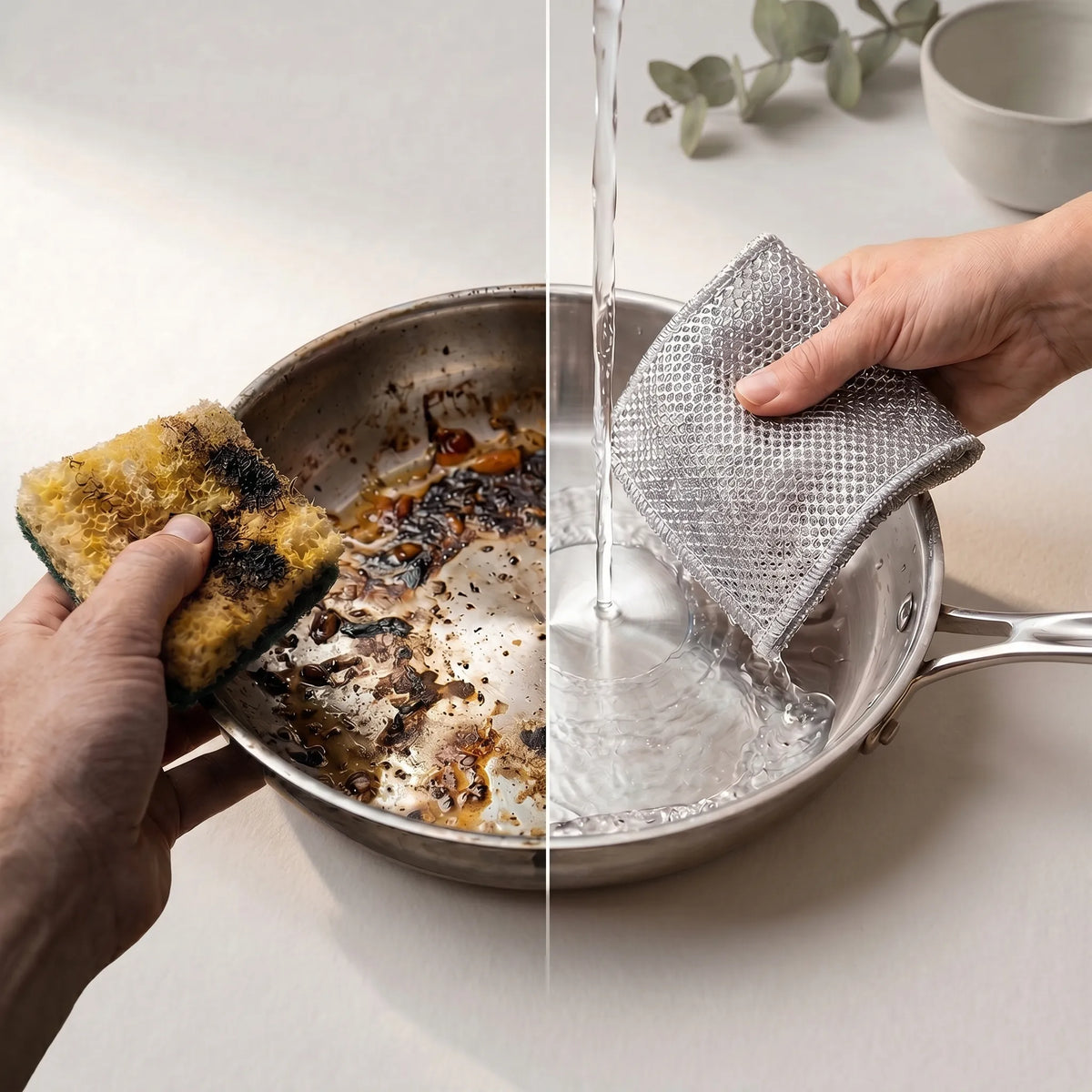 Traditional sponge compared with Solara LuxScrub mesh scrub cloth